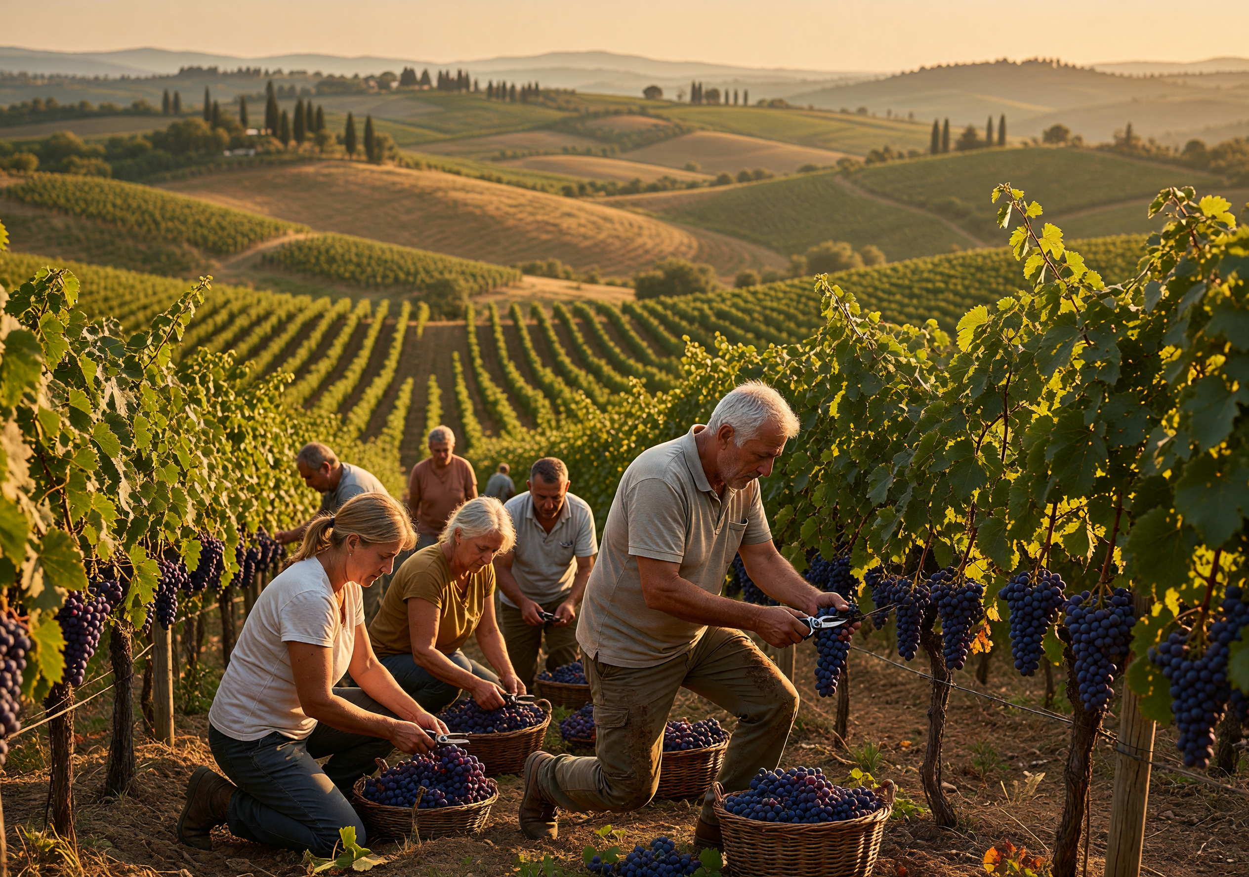 Golden Hour Harvest in a Tuscan Vineyard