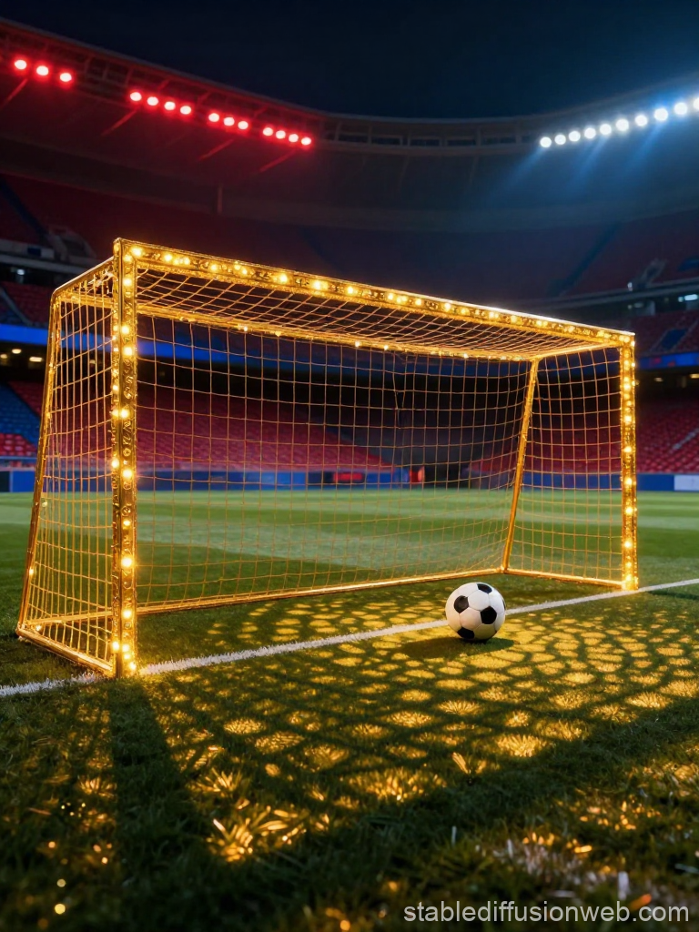 Golden Illuminated Soccer Goal with Ball on Field