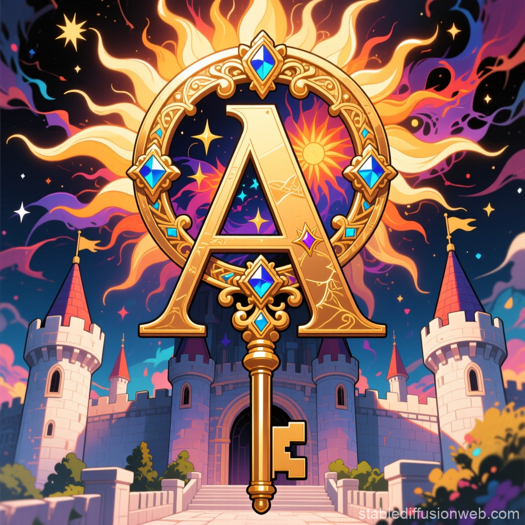 Golden Key with Ornate 'A' Over Fantasy Castle