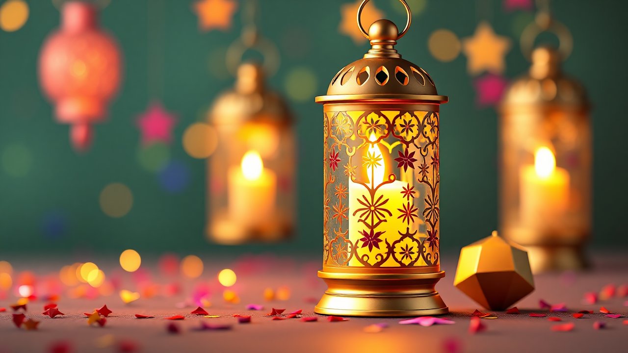 Golden Lantern with Candle and Colorful Decorations