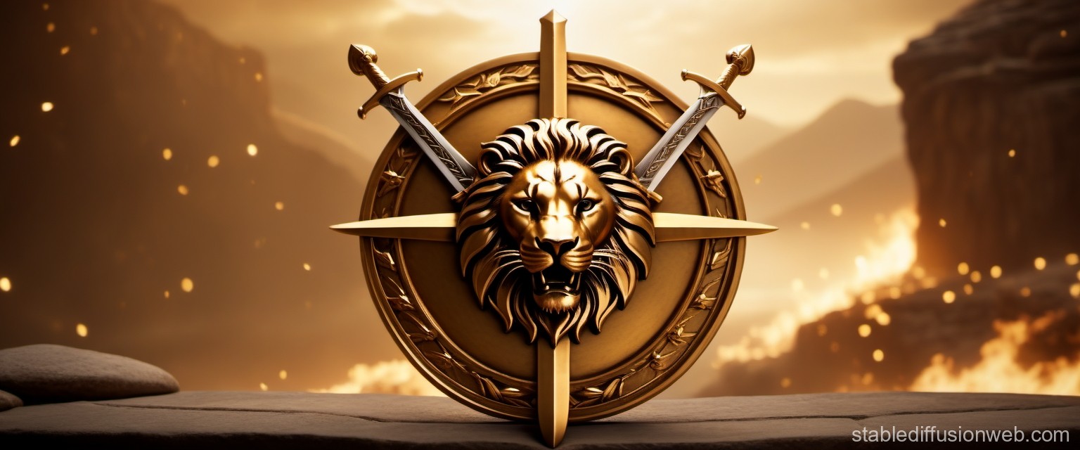 Golden Lion Emblem with Swords on Fiery Background