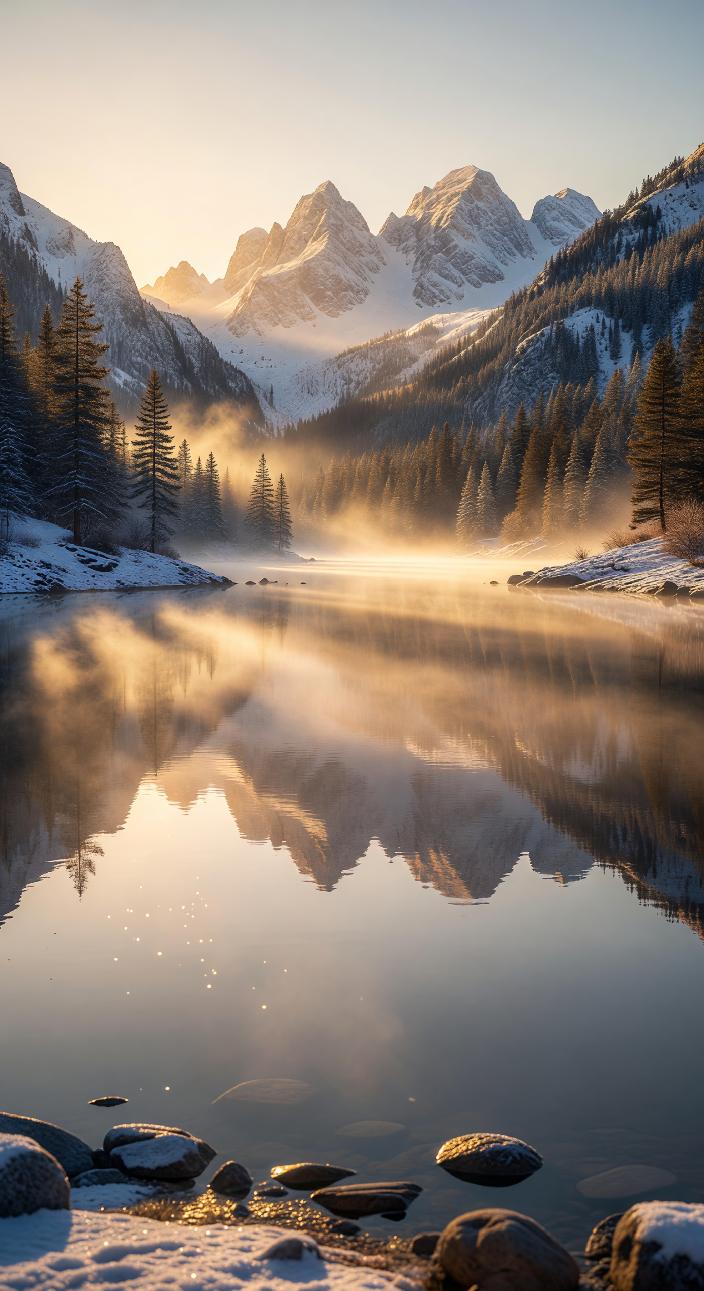 Golden Mist at Dawn Over Serene Mountain Lake