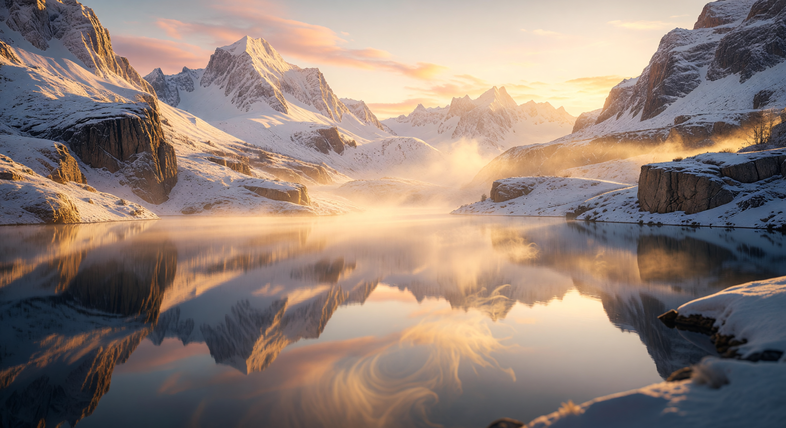 Golden Mist at Serene Mountain Lake at Dawn