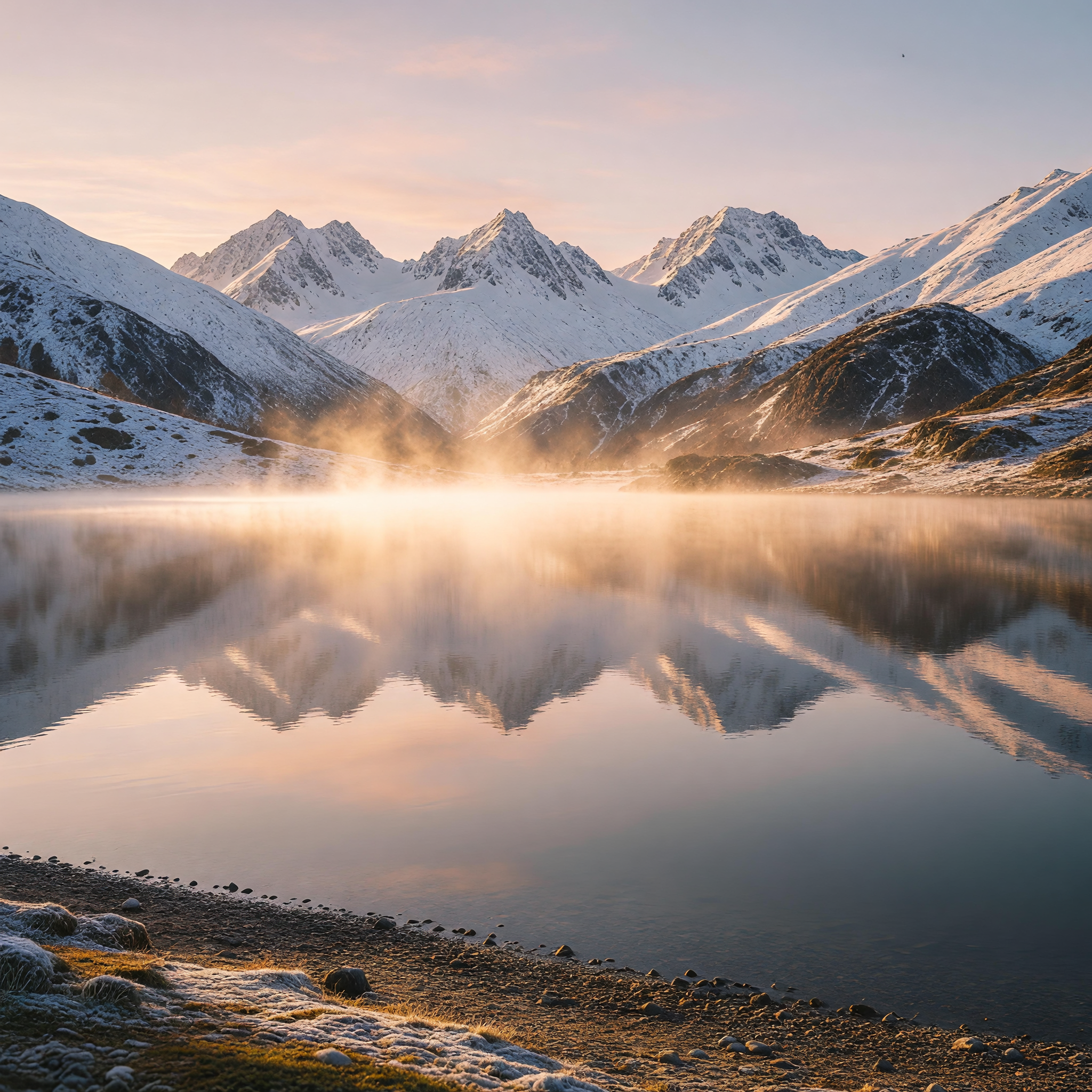 Golden Mist Dawn Over Serene Mountain Lake