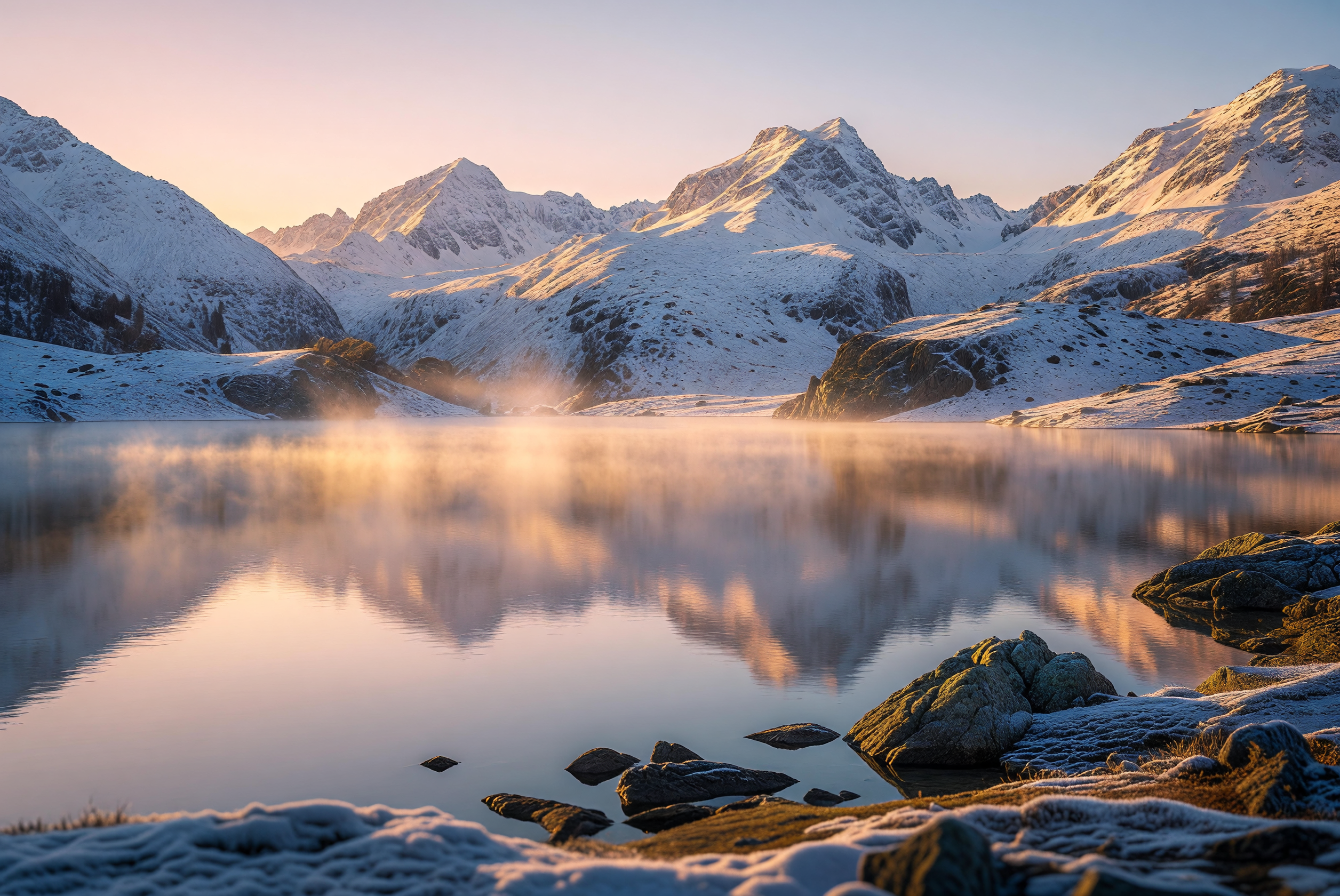 Golden Mist Dawn Over Serene Snowy Mountain Lake
