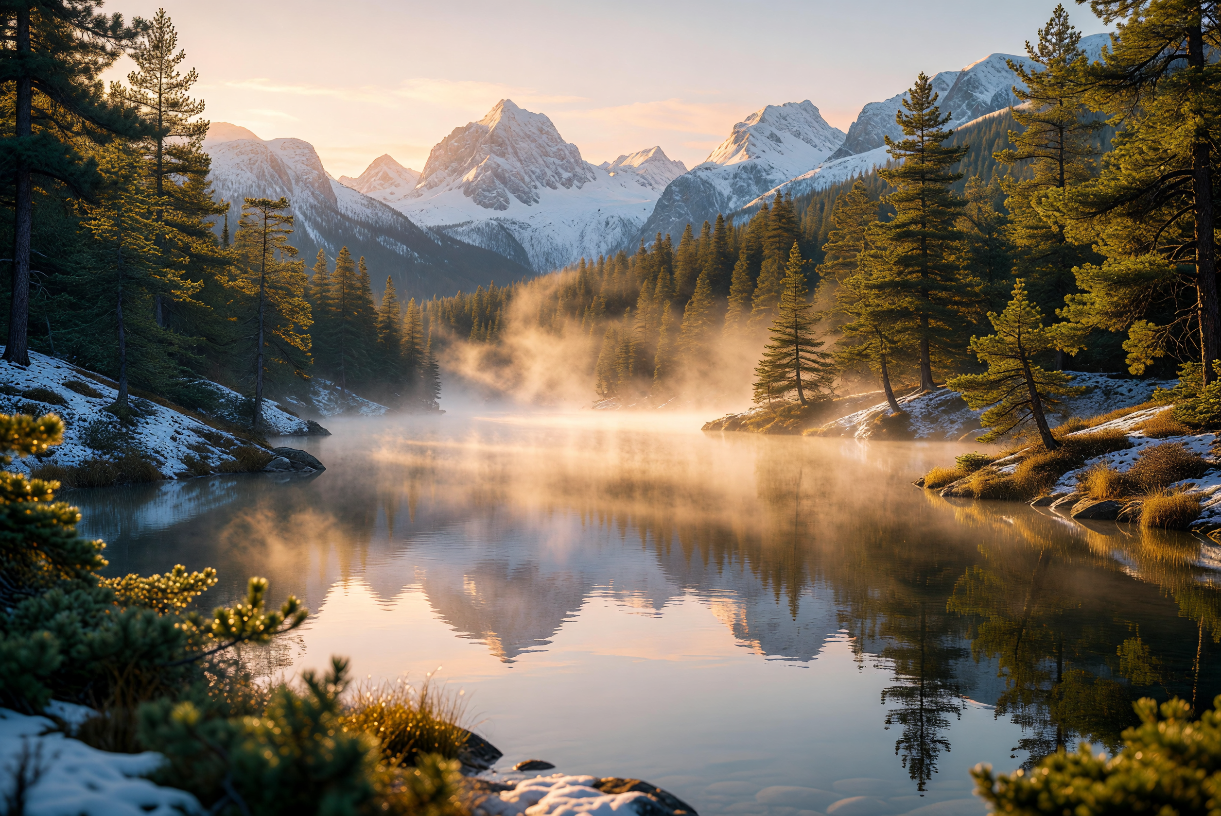 Golden Mist Sunrise Over Mountain Lake