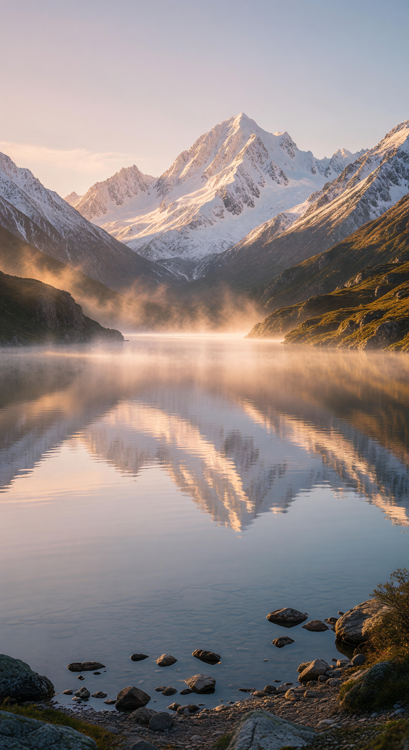 Golden Mist Sunrise Over Serene Alpine Lake