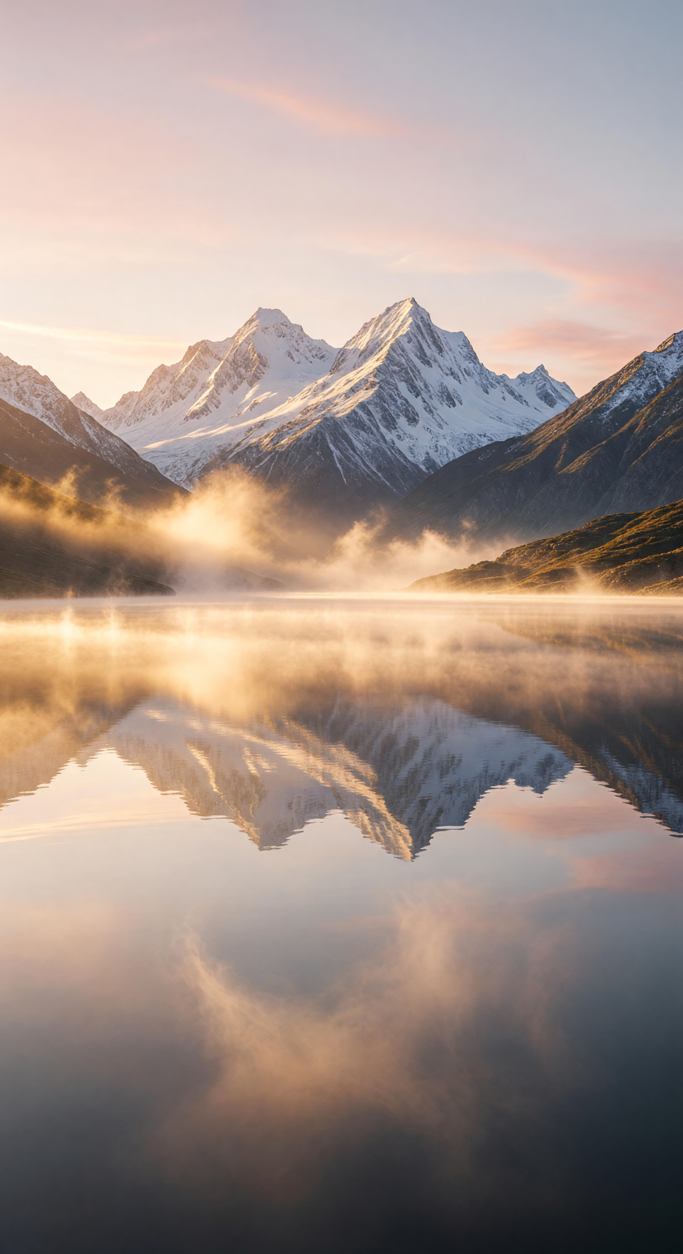 Golden Mist Sunrise Over Serene Mountain Lake