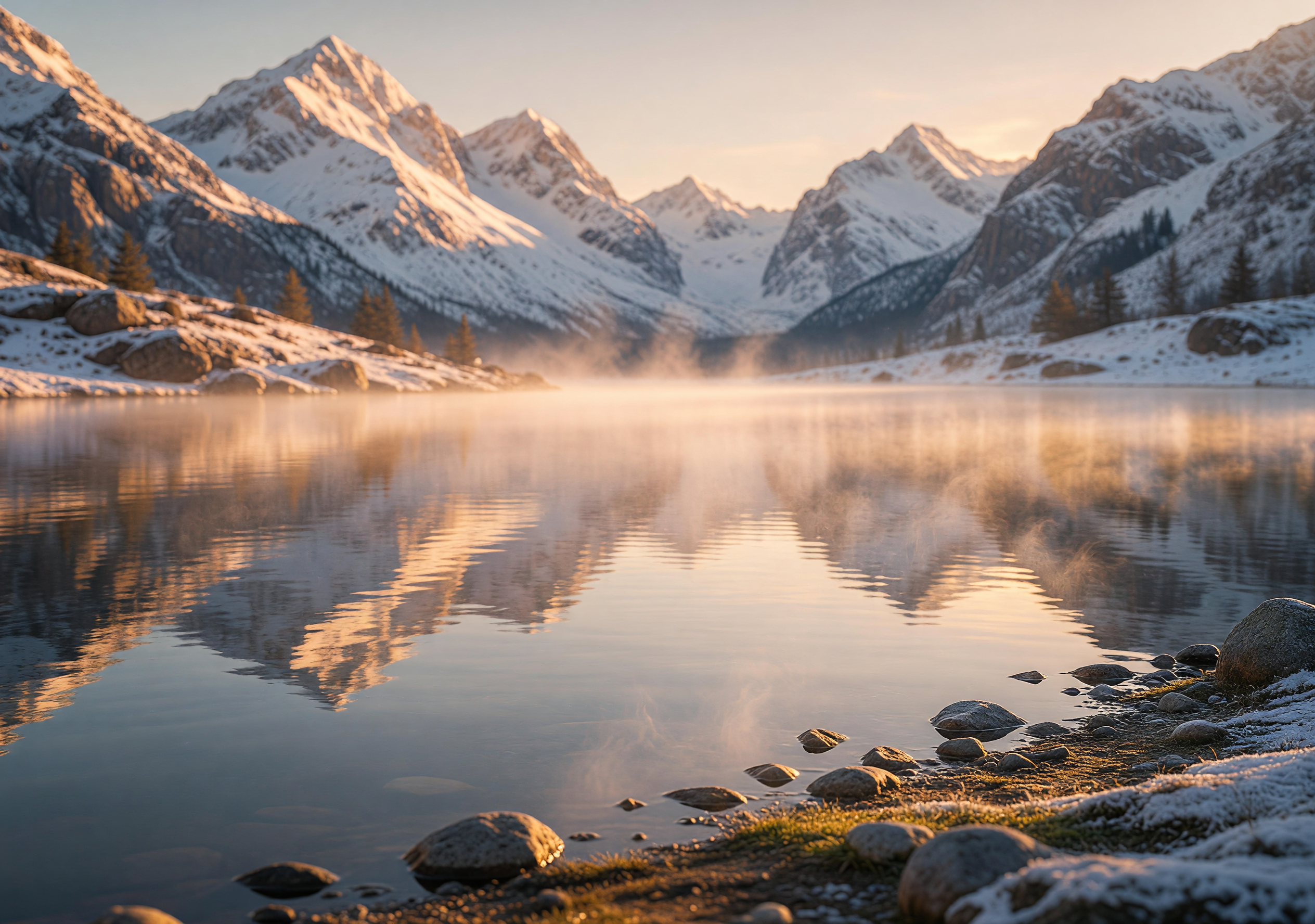 Golden Mist Sunrise Over Snowy Mountain Lake