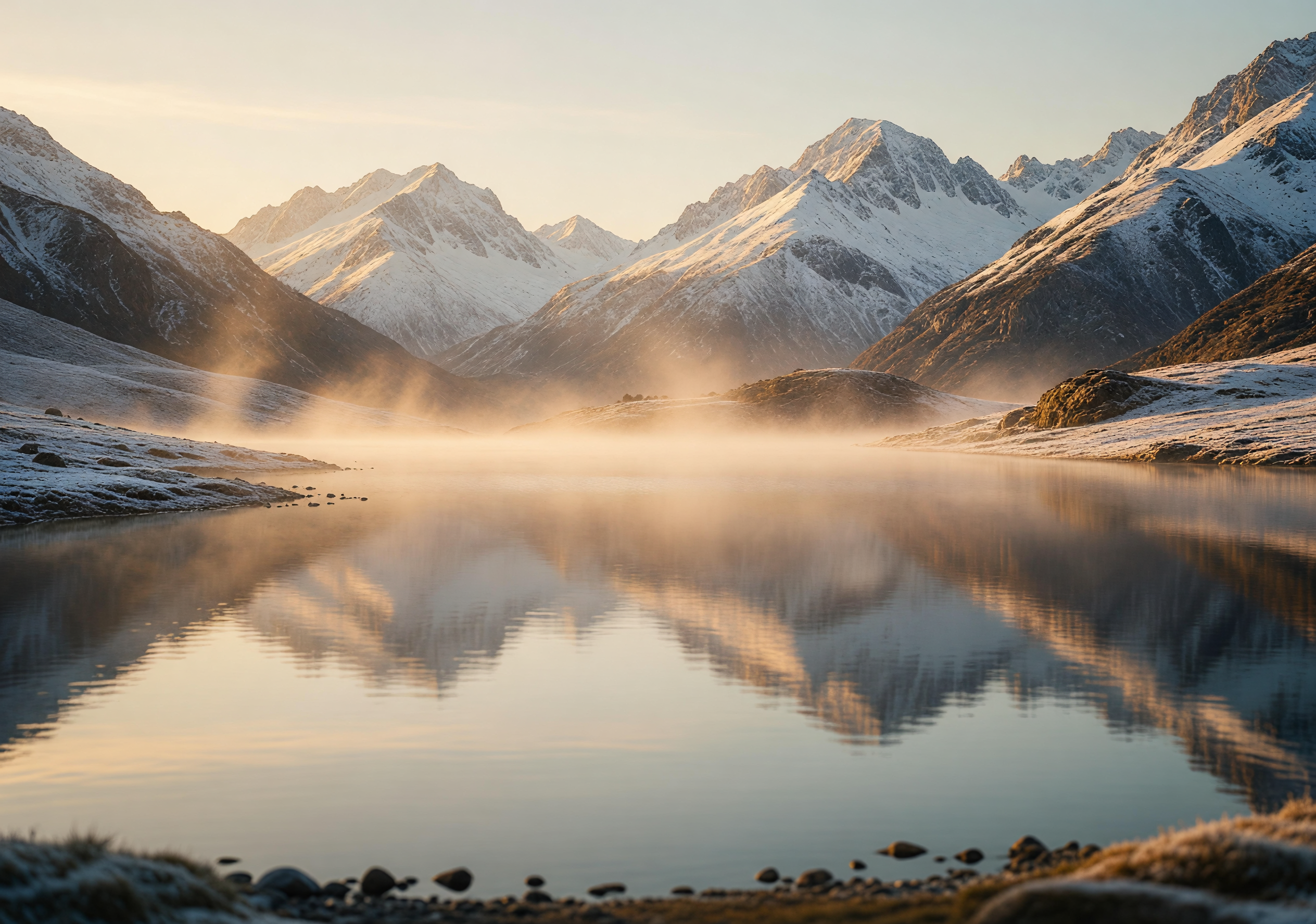 Golden Mist Sunrise Over Snowy Mountain Lake