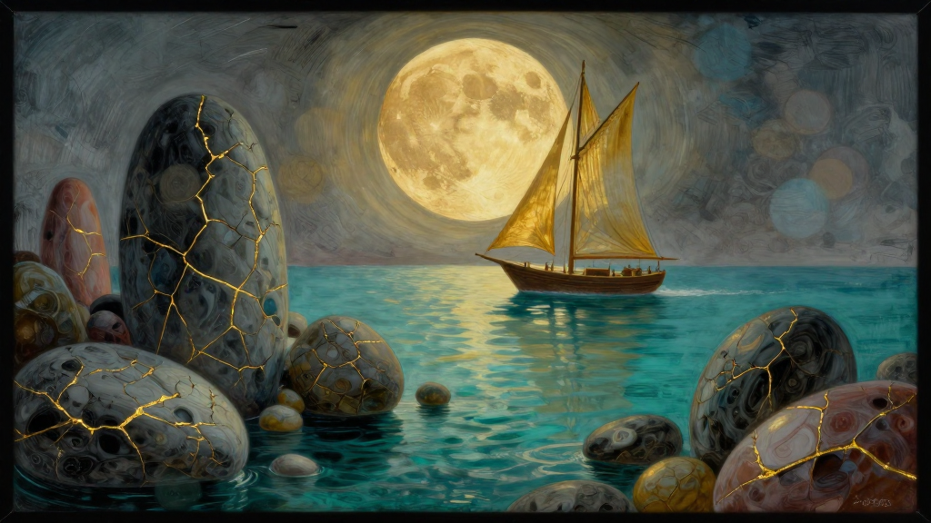 Golden Moonlit Sailboat Among Luminous Cracked Stones