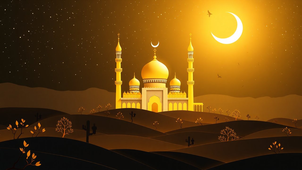 Golden Mosque Illuminated Under Crescent Moon in Desert Night