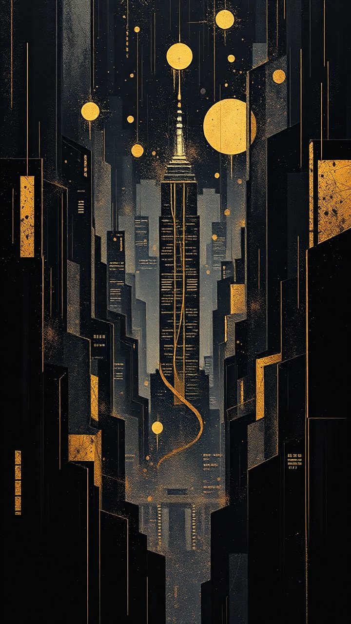 Golden Orbs Over Stylized Cityscape