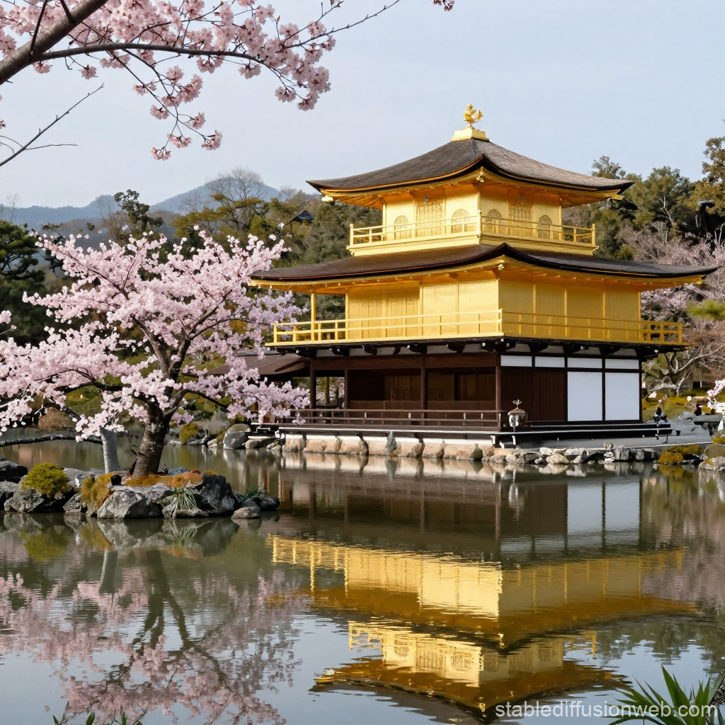 Golden Pavilion Temple with Cherry Blossoms in Kyoto