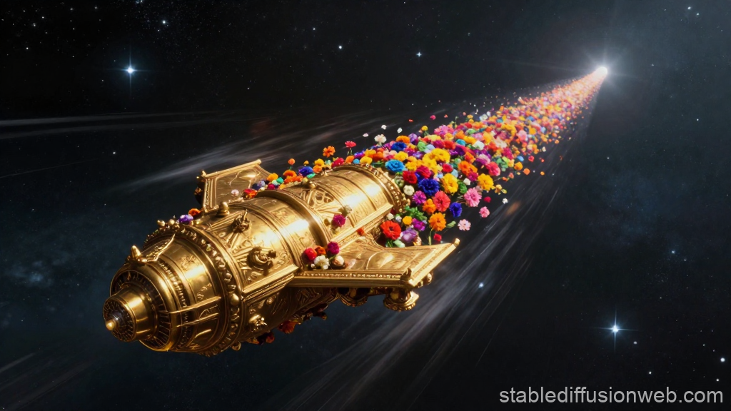 Golden Pushpaka Vimana Soaring Through Space with Floral Trail