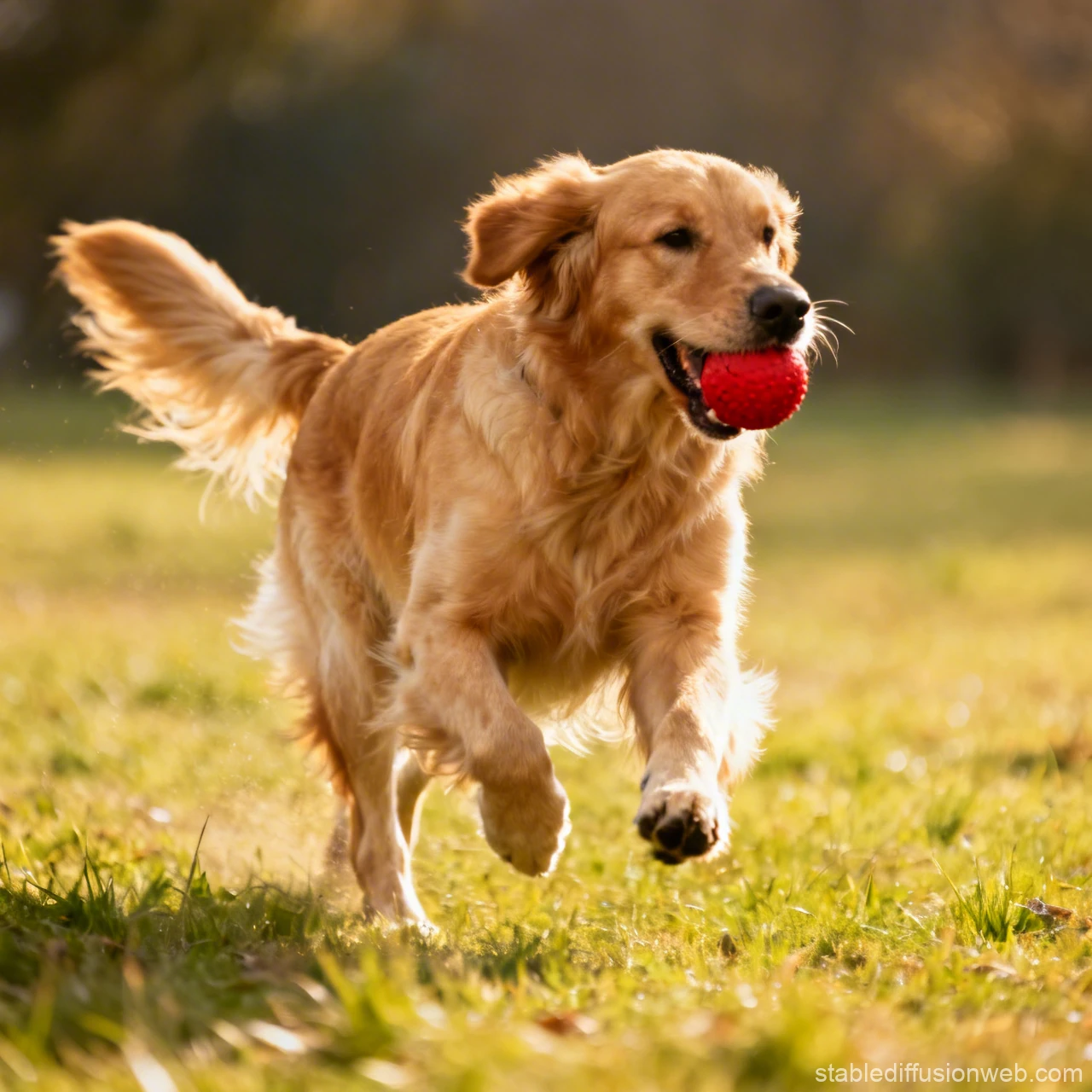 Golden Retriever Playing with Red Ball Outdoors