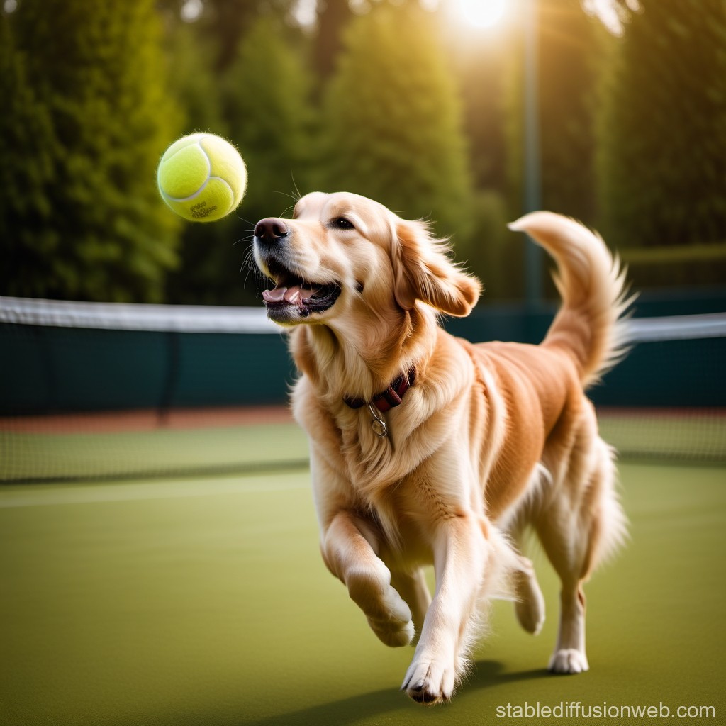 Golden Retriever Playing with Tennis Ball on Court
