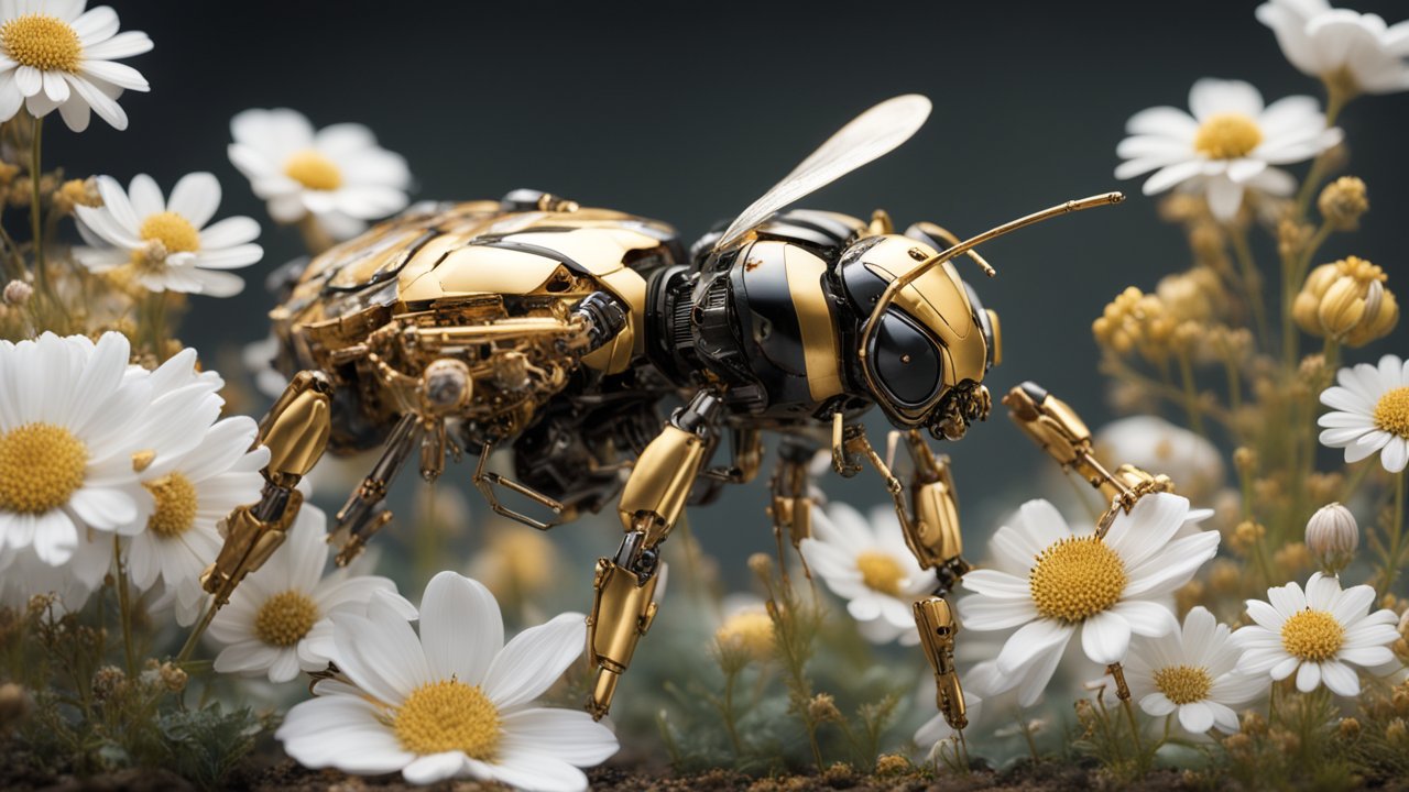 Golden Robotic Bee Among White Daisies