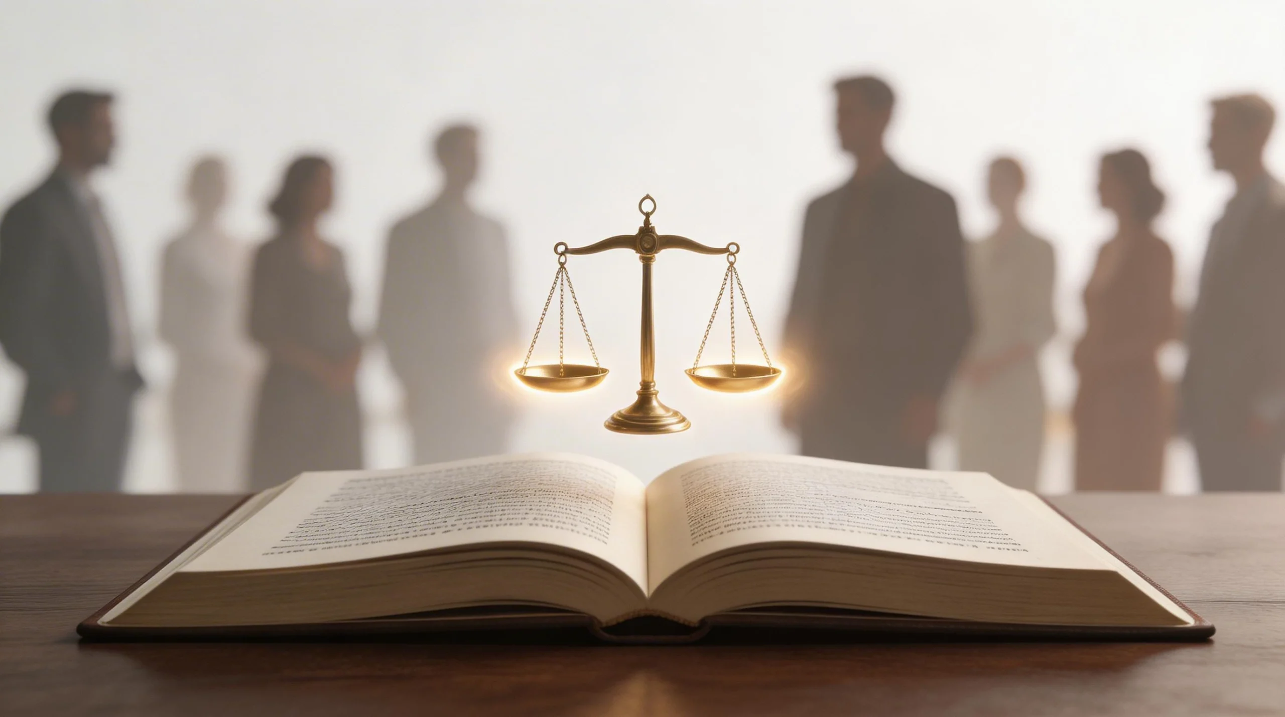 Golden Scales of Justice Hovering Over Open Law Book