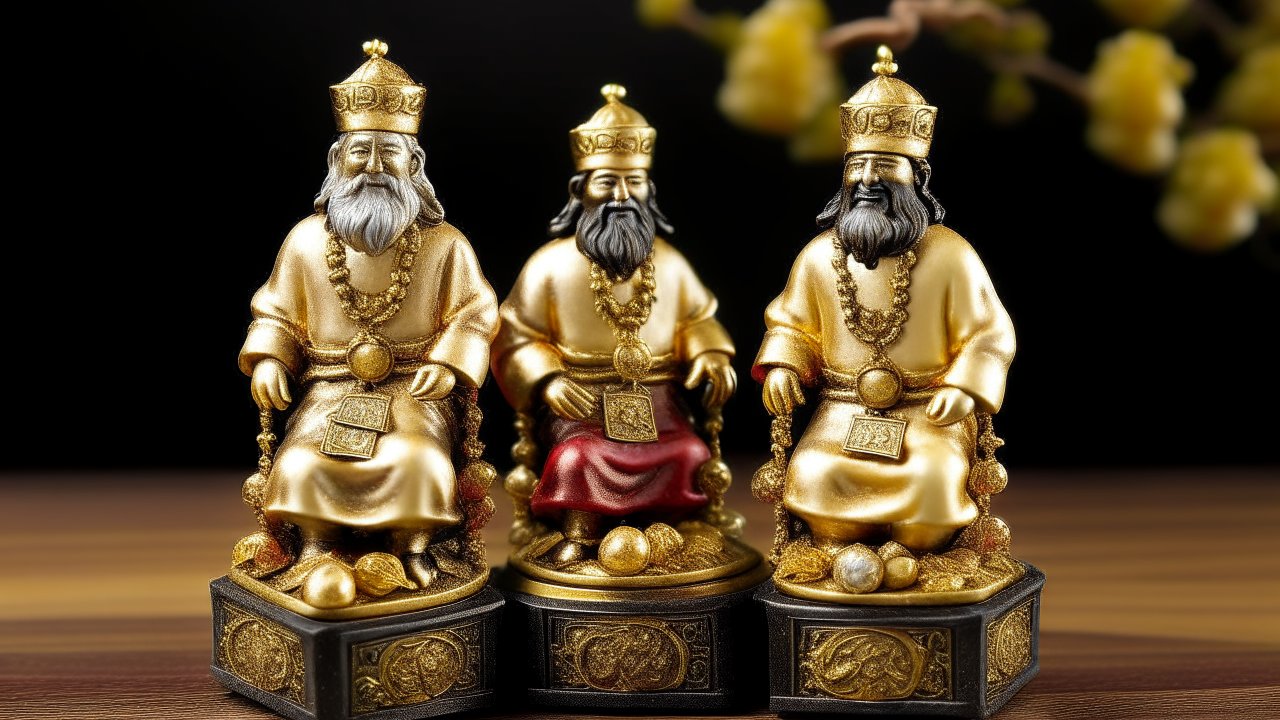 Golden Statues of the Three Wise Men on Ornate Pedestals