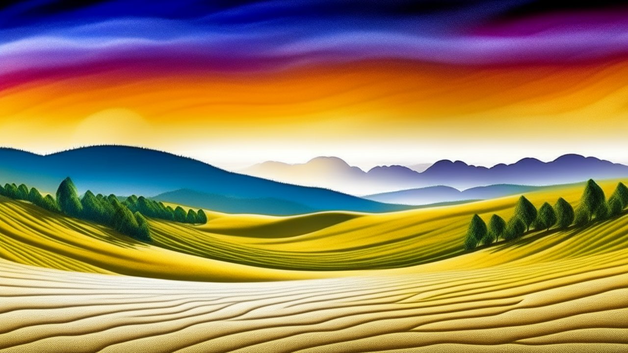 Golden Sunrise Over Rolling Hills and Trees