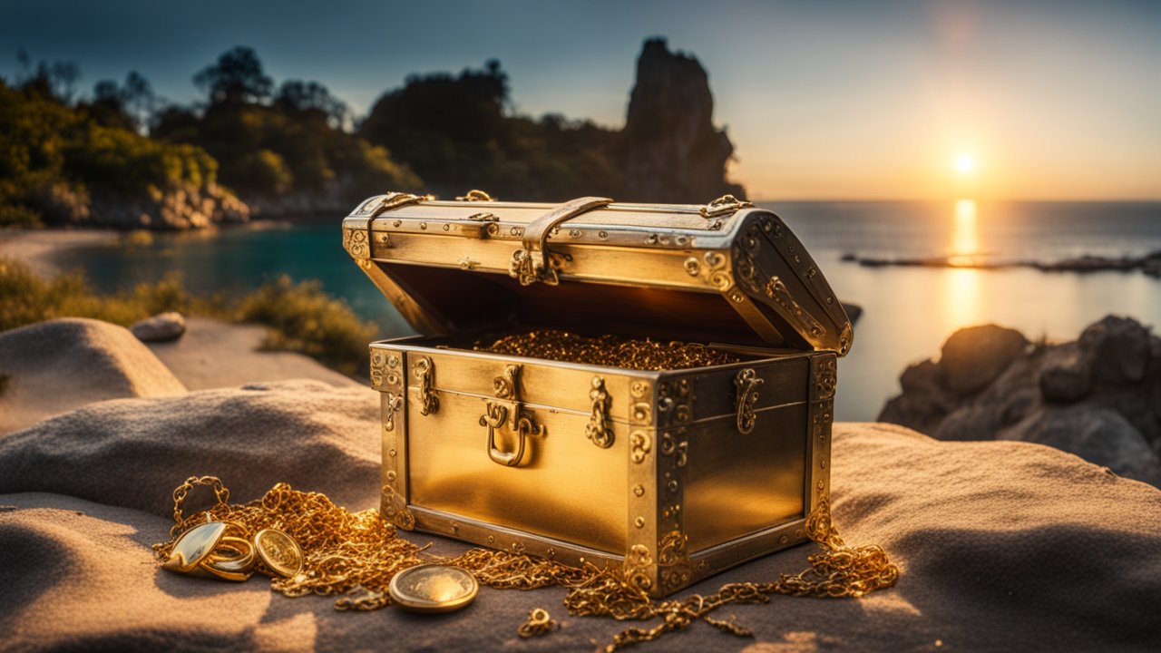 Golden Treasure Chest at Sunset on a Rocky Beach