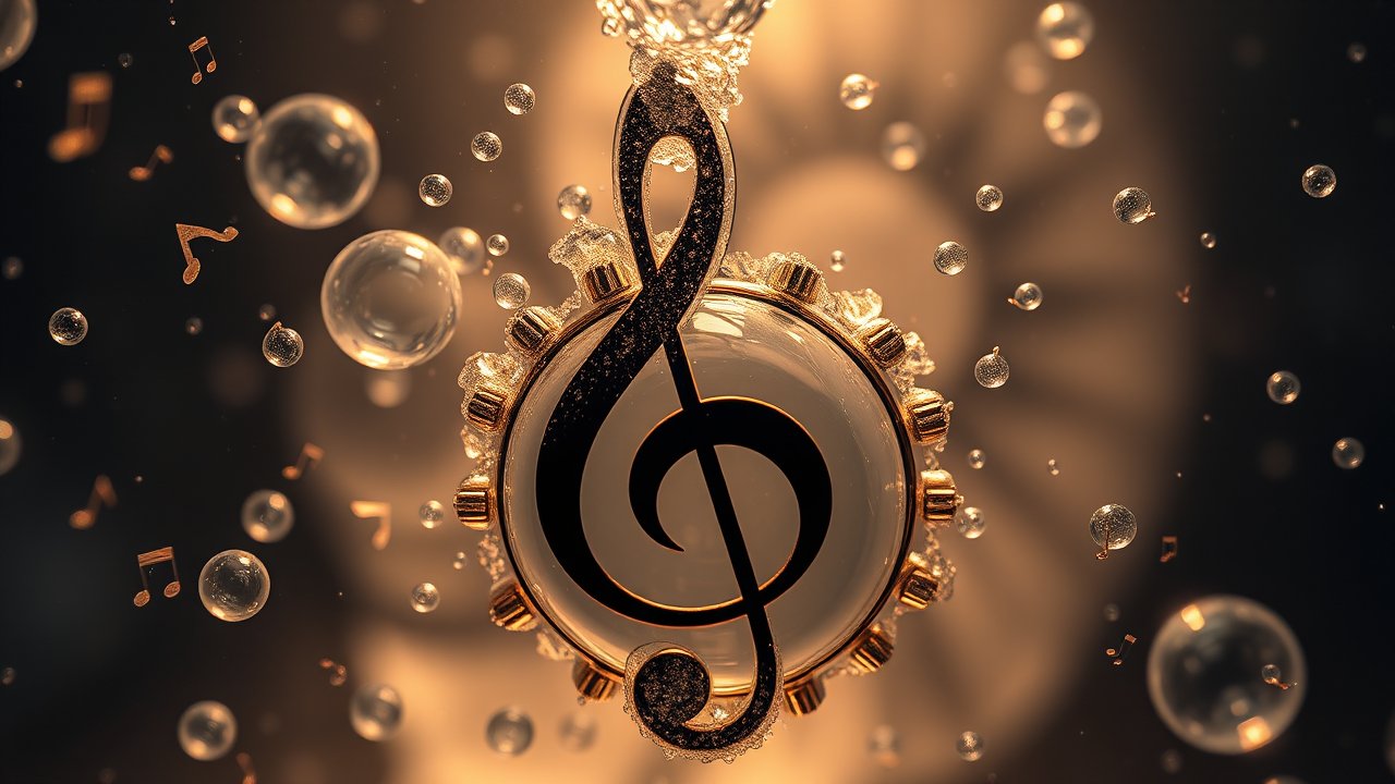 Golden Treble Clef with Floating Musical Notes and Bubbles
