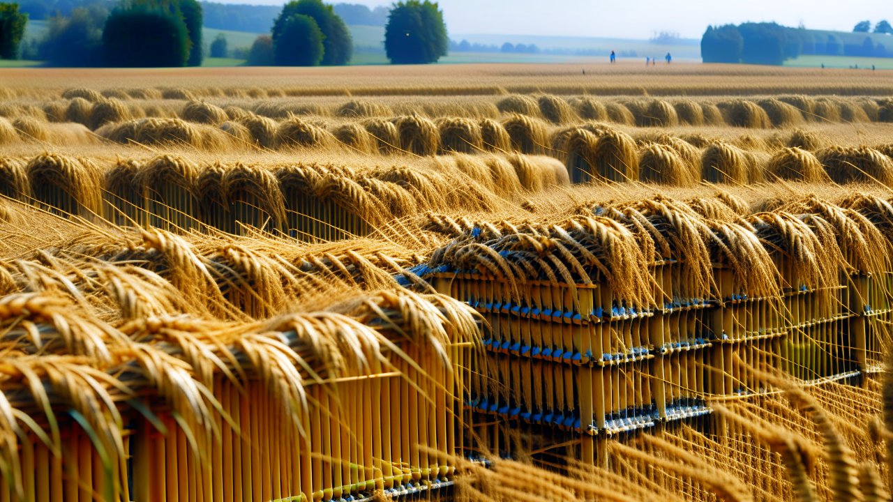 Golden Wheat Sheaves Arranged for Drying in a Rural Field