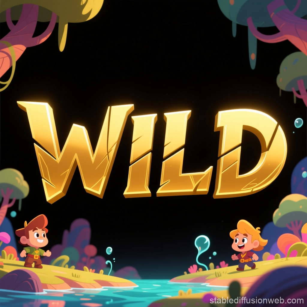 Golden Wild Text with Cartoon Characters in Fantasy Landscape