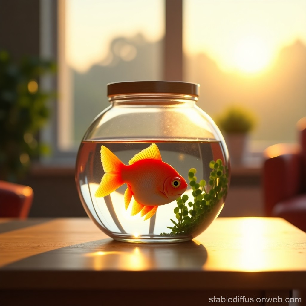 Goldfish in a Bowl at Sunset on a Table