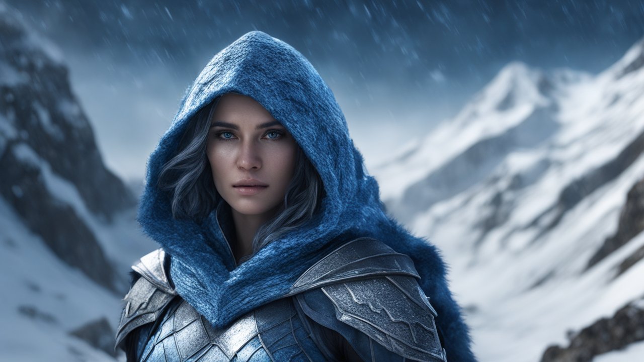 Gorgeous Hooded Woman in Blue Armor in Snowy Mountains