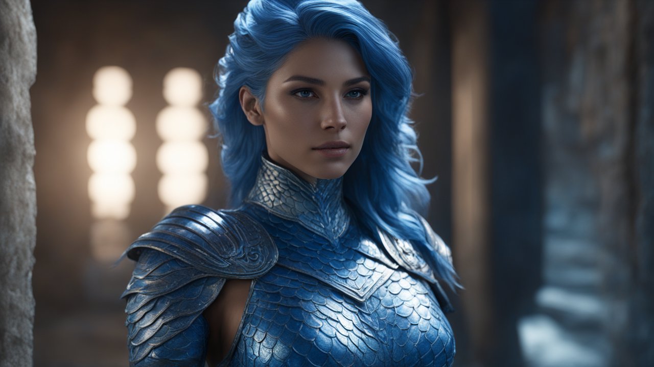 Gorgeous Woman in Blue Scaled Armor with Blue Hair