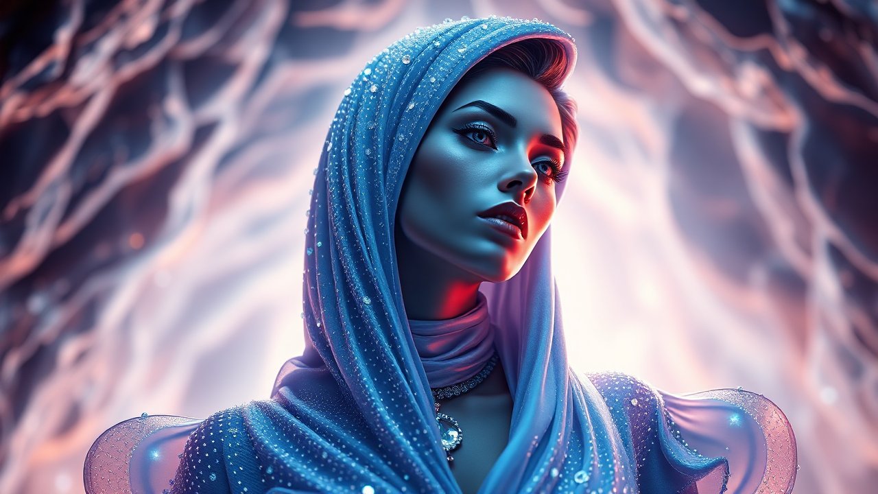 Gorgeous Woman in Sparkling Blue Hooded Dress