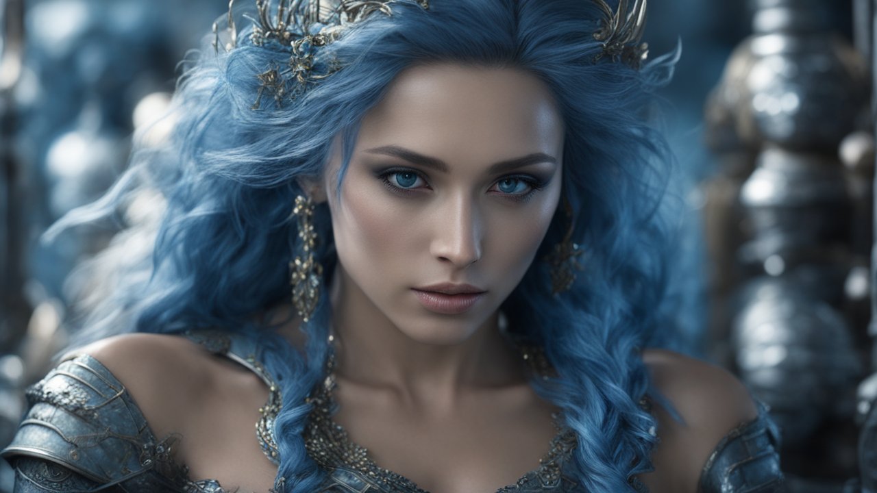 Gorgeous Woman with Blue Hair and Ornate Armor
