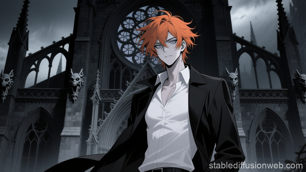 Gothic Anime Protagonist with Fiery Hair in Dark Cathedral