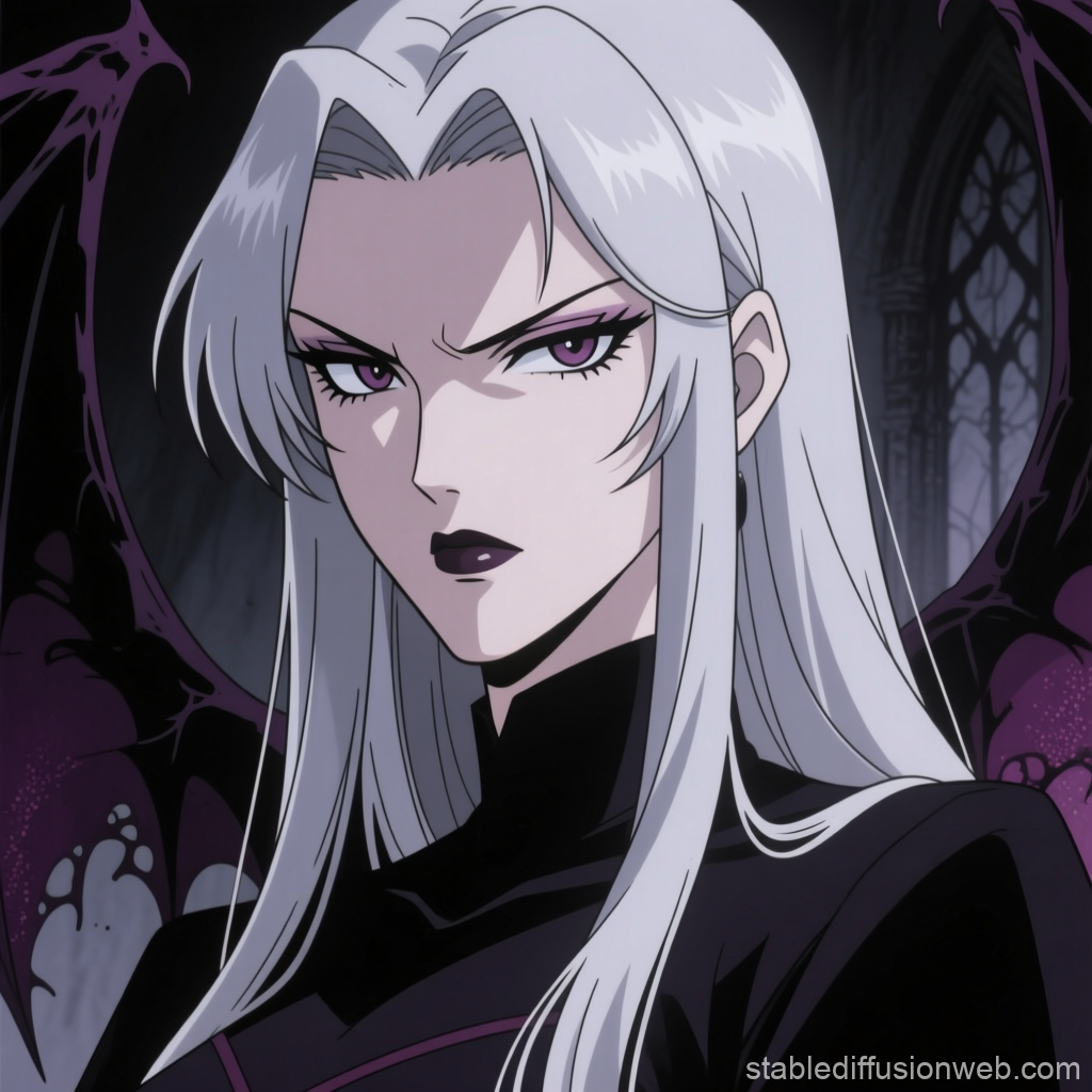 Gothic Anime Woman with White Hair and Purple Eyes
