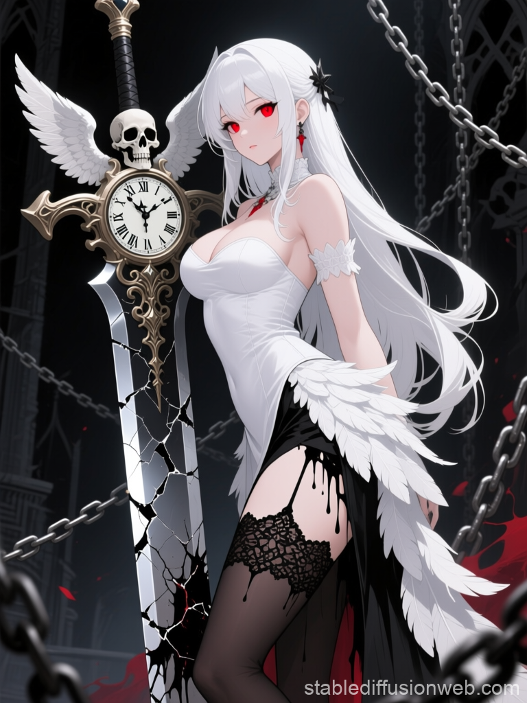 Gothic Anime Woman with White Hair and Red Eyes