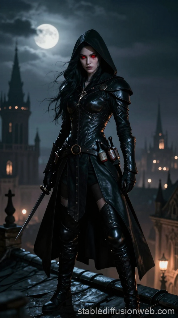 Gothic Assassin with Red Eyes on Rooftop at Night