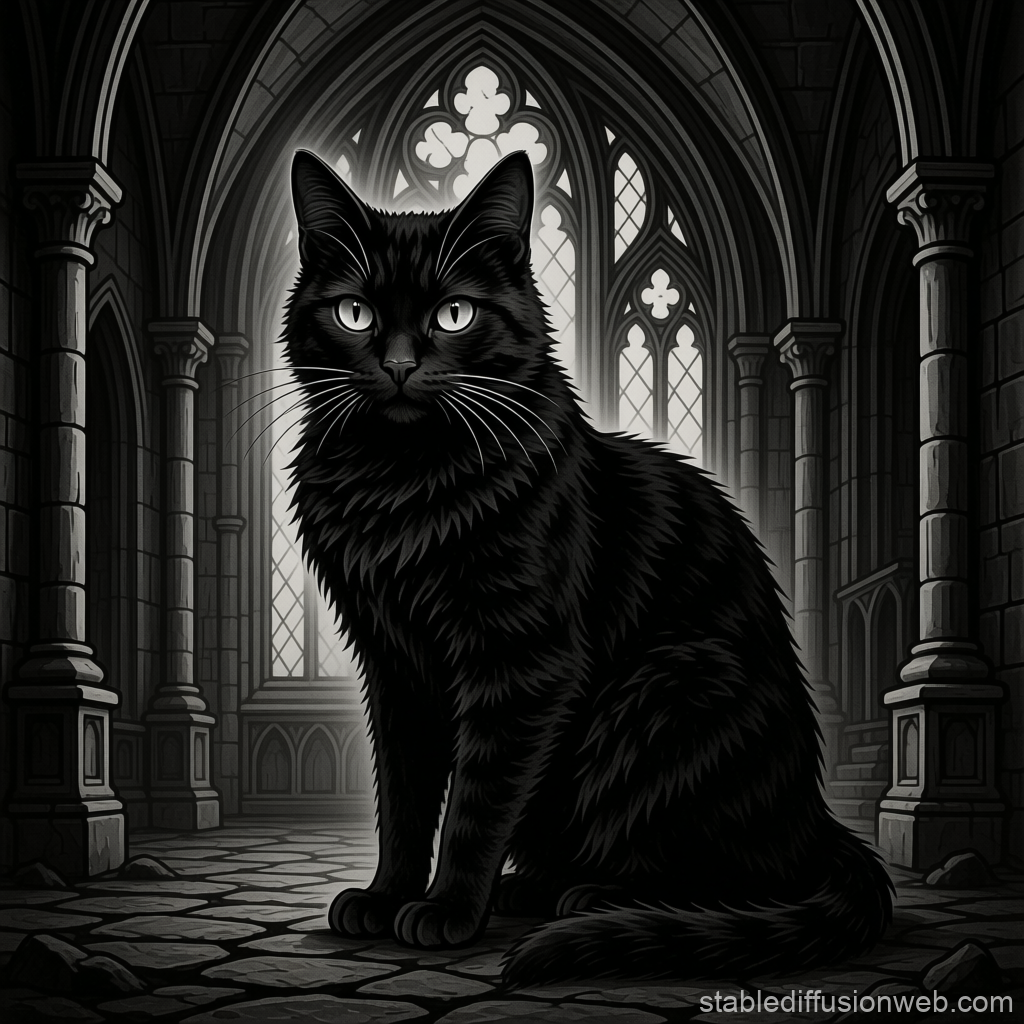 Gothic Black Cat in a Dark Cathedral