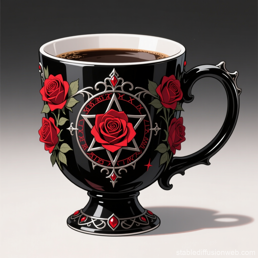 Gothic Black Coffee Mug with Red Roses and Pentagram Design
