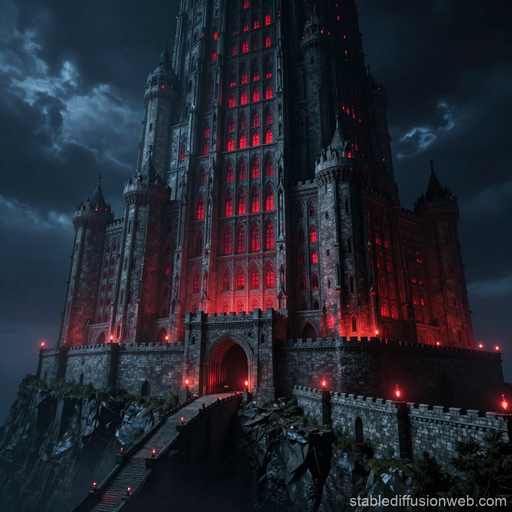 Gothic Castle Illuminated by Red Lights at Night