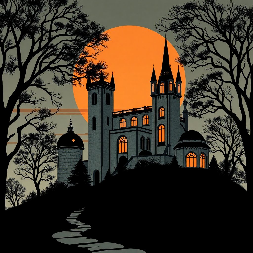 Gothic Castle Silhouette at Sunset