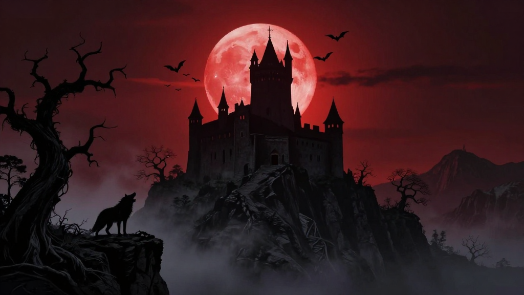 Gothic Castle Silhouetted Against a Blood Red Moon