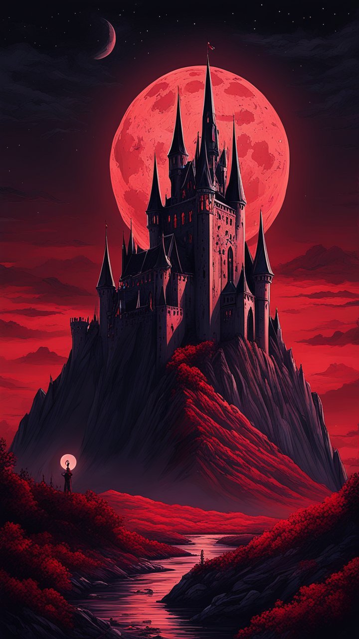 Gothic Castle Under a Blood Red Moon