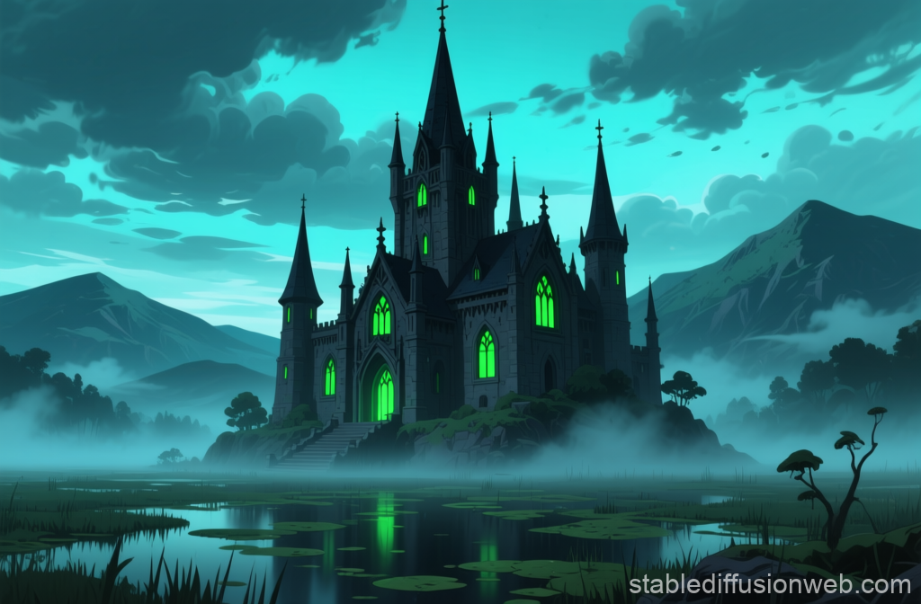 Gothic Castle with Glowing Green Windows in Misty Landscape