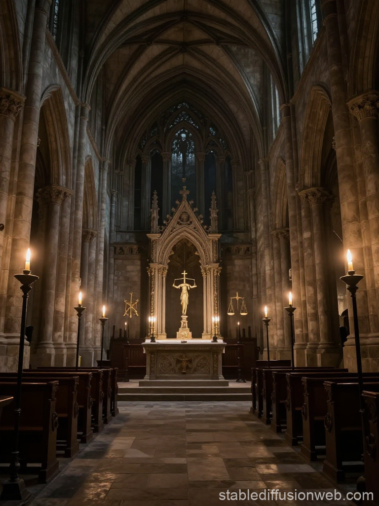 Gothic Cathedral Interior with Tribunal Symbolism