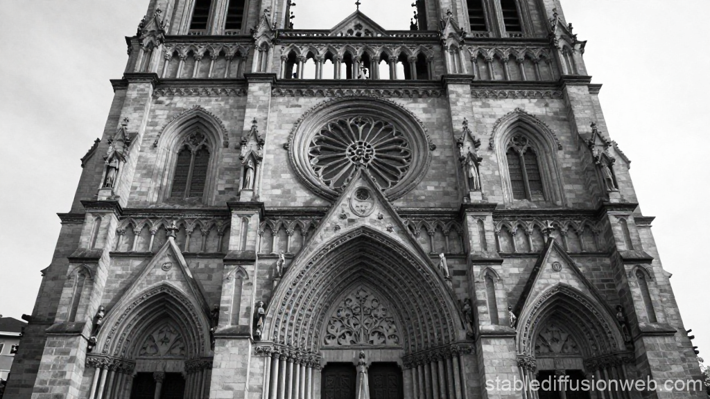 Gothic Catholic Cathedral Facade in Black and White