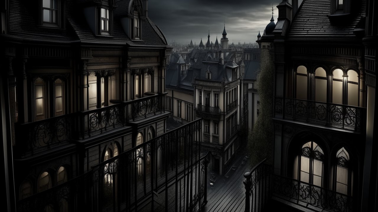 Gothic Cityscape at Night with Illuminated Windows