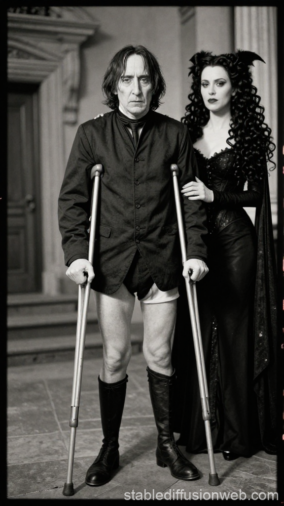 Gothic Couple with Crutches in Vintage Setting