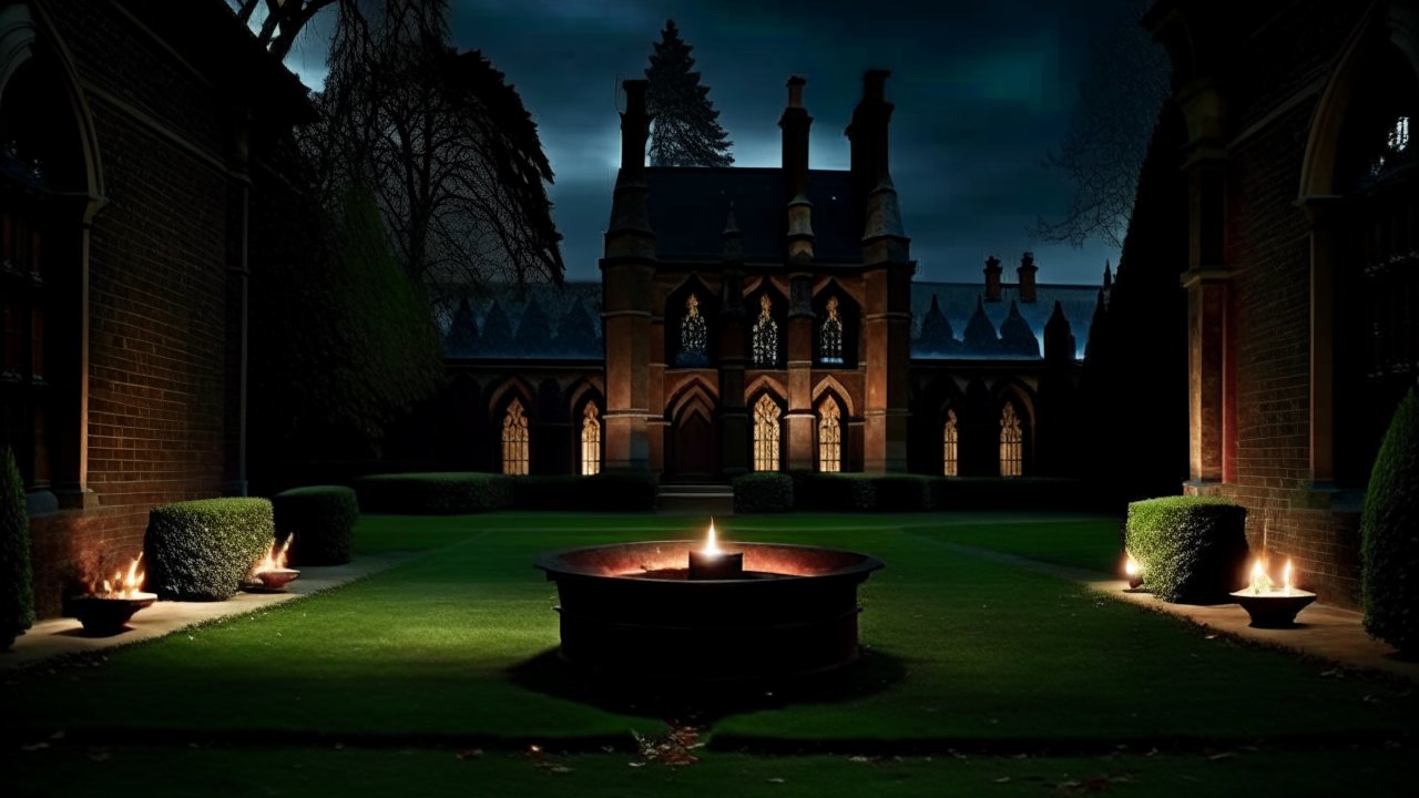 Gothic Courtyard at Night with Central Fire Pit